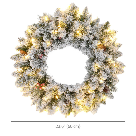 24" Christmas Front Door Wreath with Lights Flocked Christmas Wreath with Pine Cones and Berries for Windows Green