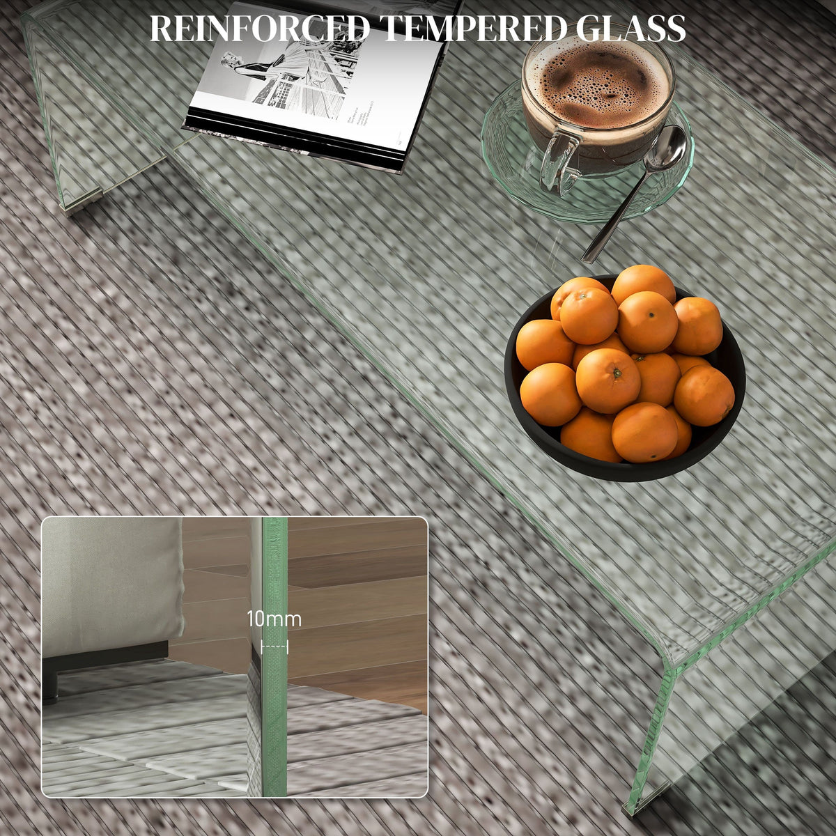 Glass Coffee Table, Clear Coffee Table for Living Room, Modern Rectangle Center Table with Safe Rounded Edges