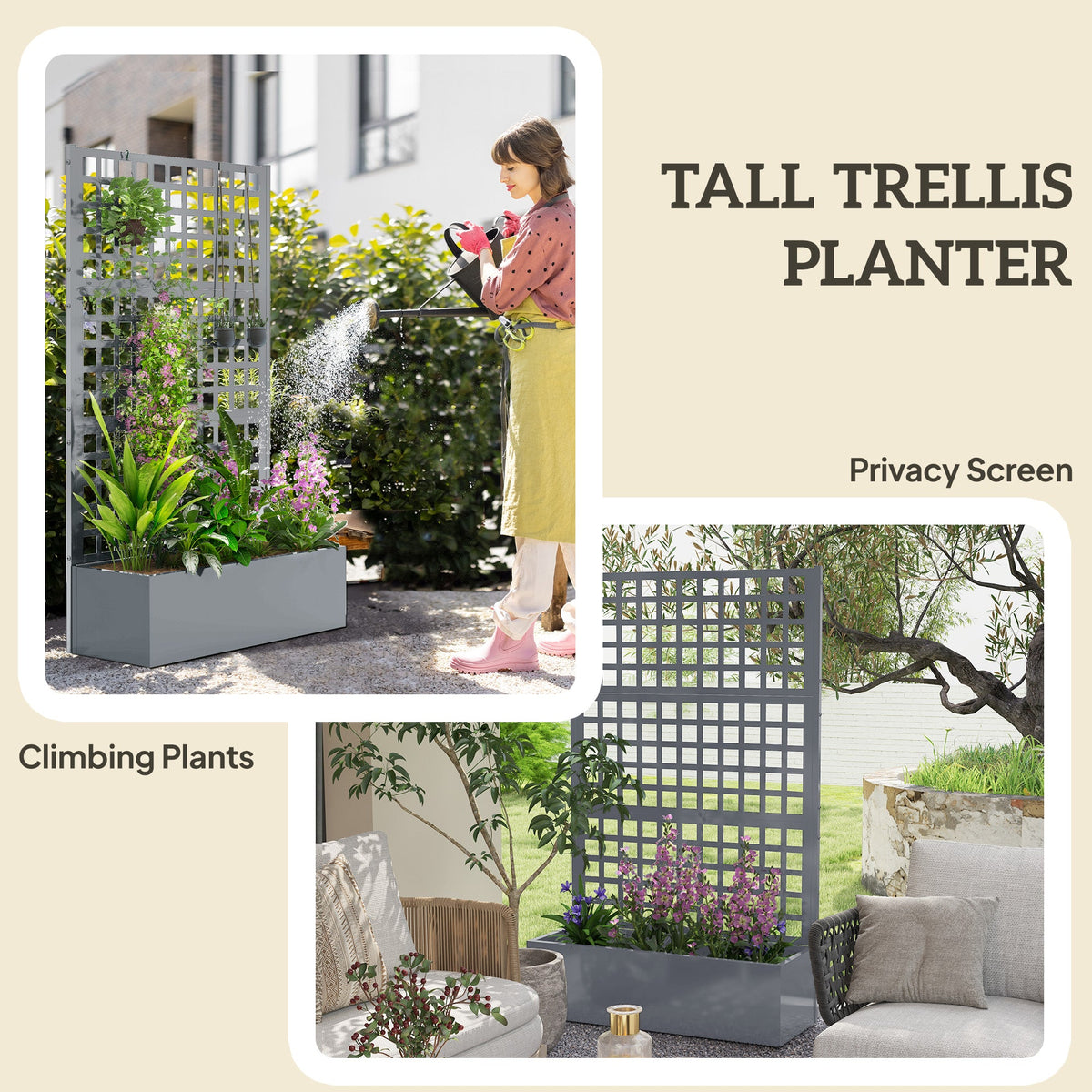 Galvanized Raised Garden Bed Planter Box with Trellis for Climbing Plants, Vegetable, Vines, 35" x 16" x 70", Black