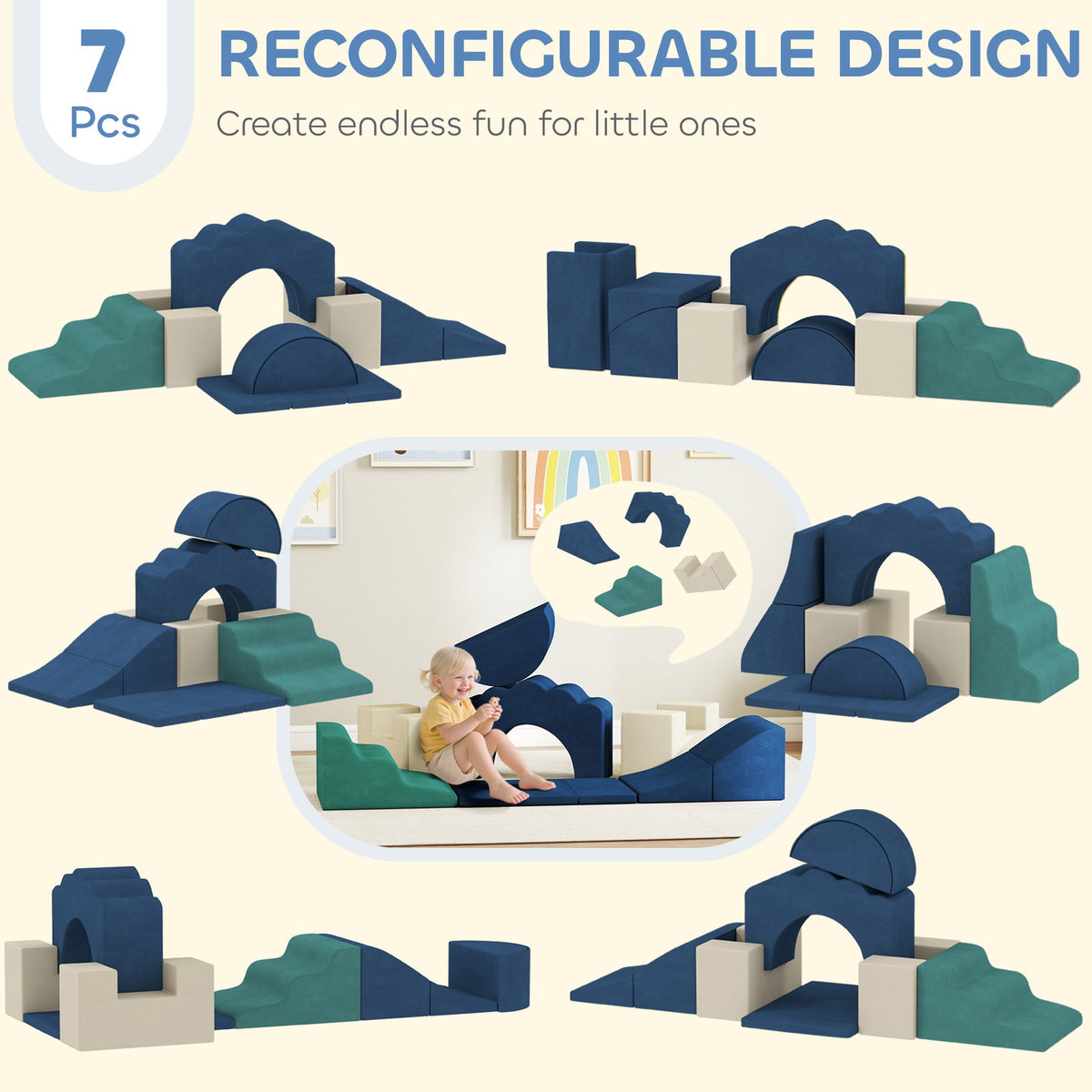 7-Piece Baby Soft Play Set, Indoor Soft Play Gym Activity Play Set for Crawling, Sliding and Playing, Navy Blue