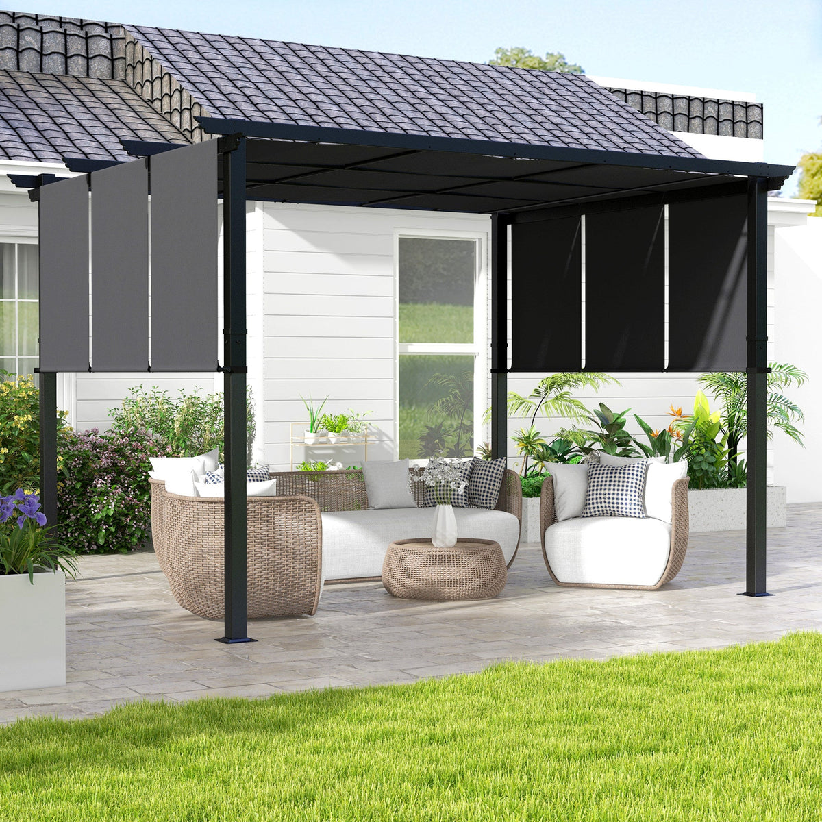 10' x 10' Metal Pergola, Outdoor Pergola with Retractable Canopy, for Garden, Patio, Backyard, Deck, Charcoal Grey