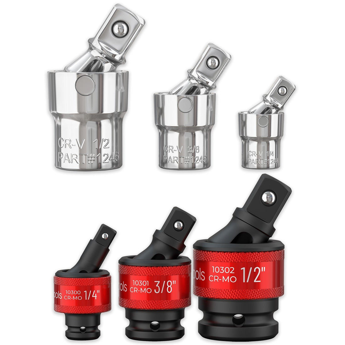 3pc Universal Joint Set, Socket Adapter 1/2", 3/8", and 1/4" drive