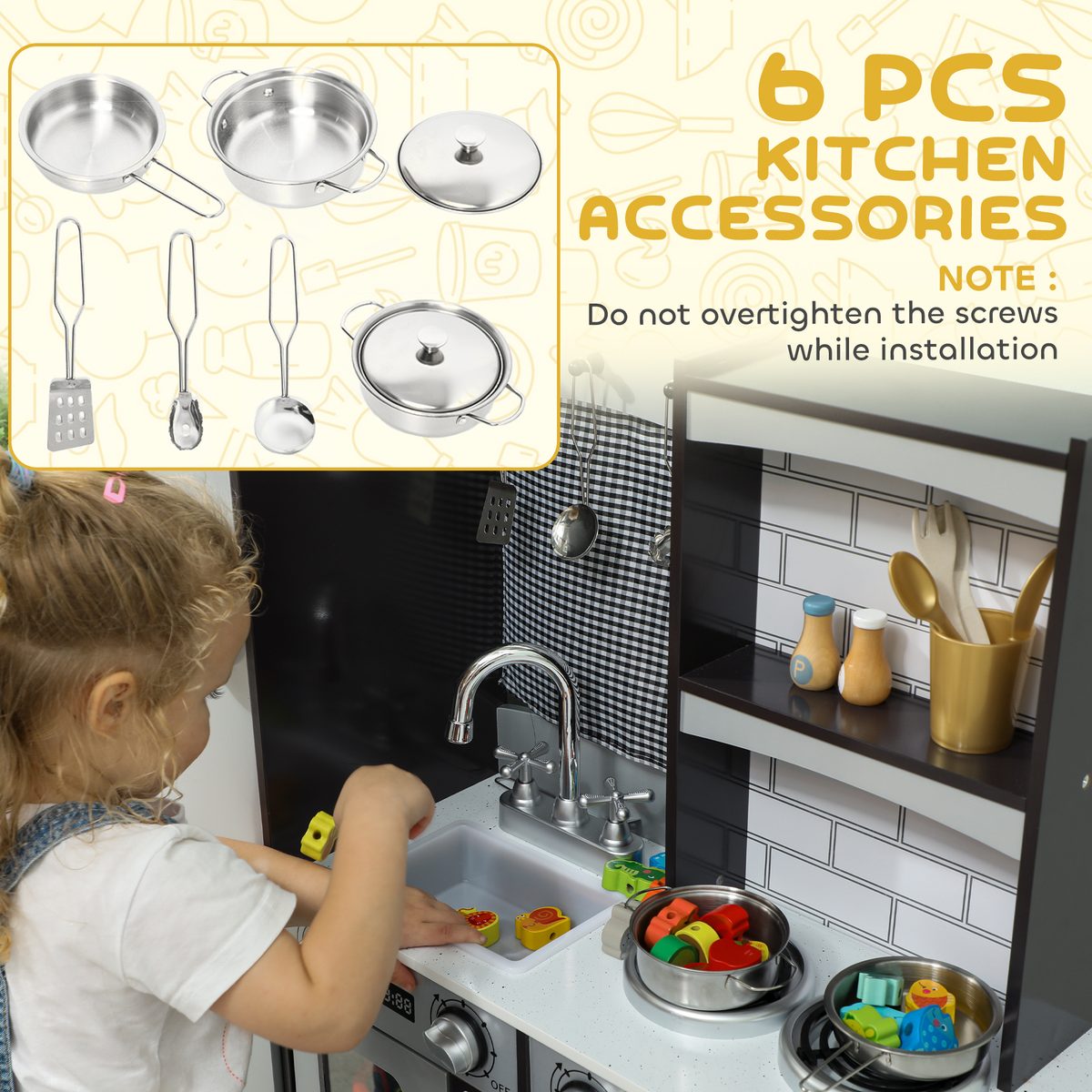 Play Kitchen for Kids, Pretend Kids Kitchen Playset with Switch Knob Sound, Accessories for Ages 3-8 Years, Dark Brown