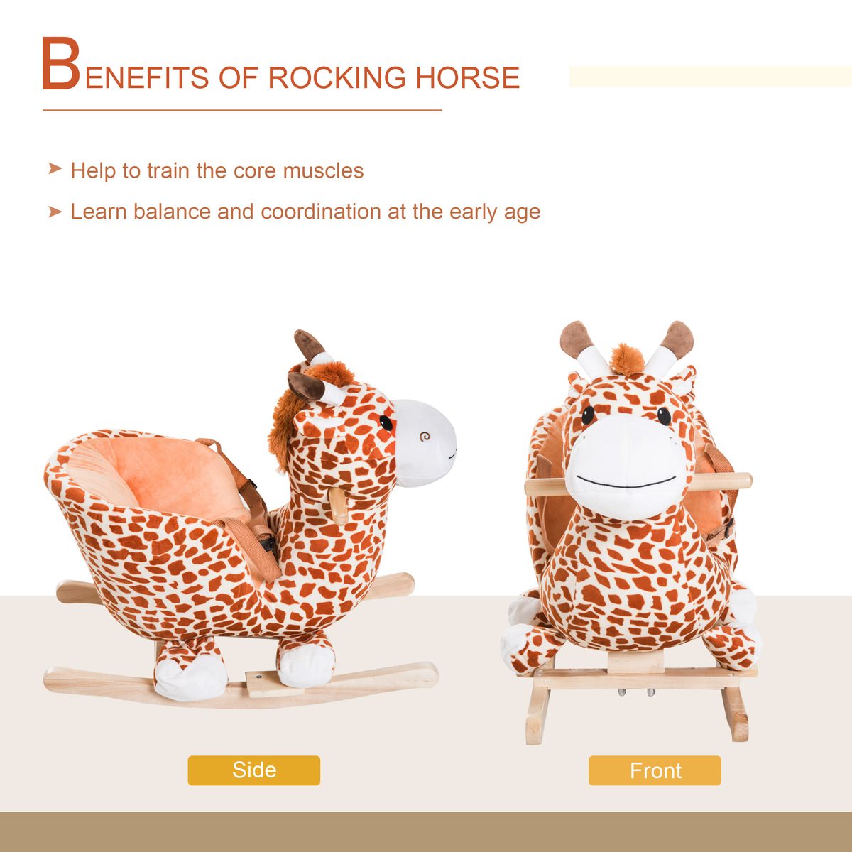 Wooden Plush Children Kids Rocking Horse Chair for Toddlers with Sound and Safety Belt, Giraffe Theme