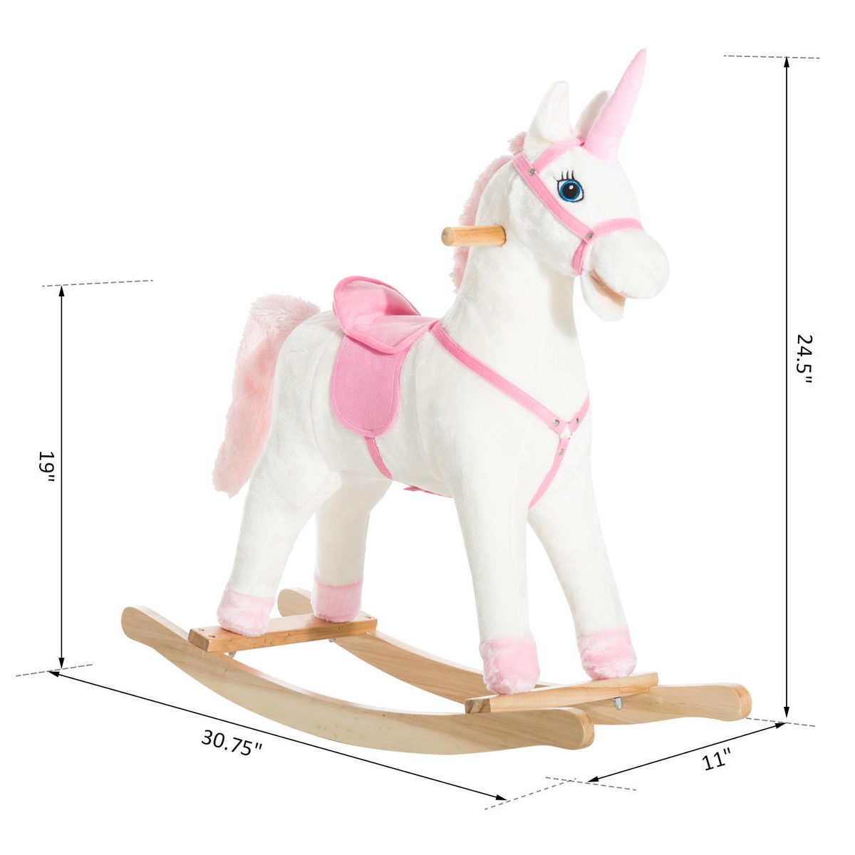 Kids Plush Toy Rocking Horse Unicorn with Realistic Sounds, White & Pink