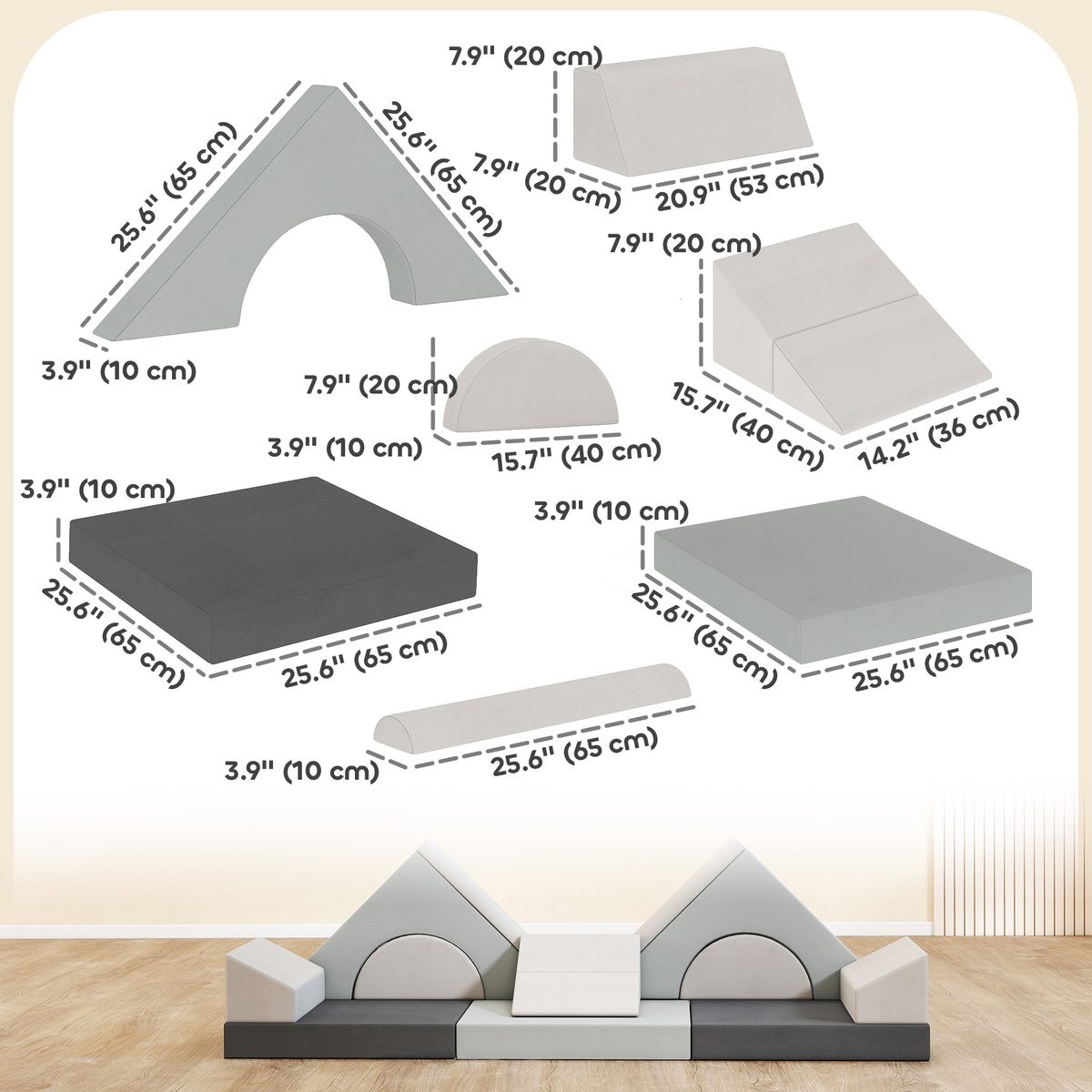 12 PCS Modular Kids Play Couch, Child Sectional Sofa for Toddlers, Convertible Foam and Floor Cushion, Grey