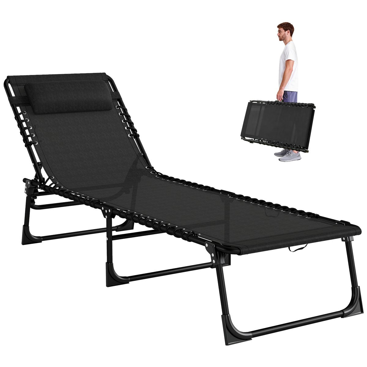 Folding Lounge Chair, Adjustable Chaise Lounge with Headrest, Reclining Lounger Cot for Camping, Hiking, Dark Blue