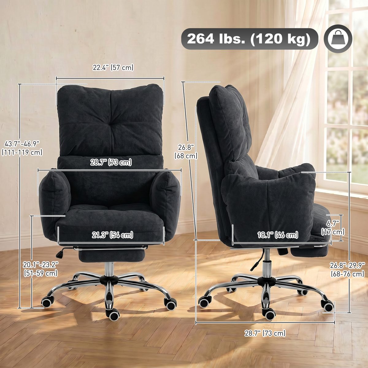Office Chair with Foot Rest, Ergonomic Reclining Computer Gaming Chair w/ Snow Flannel Fabric, Thick Cushion, Black