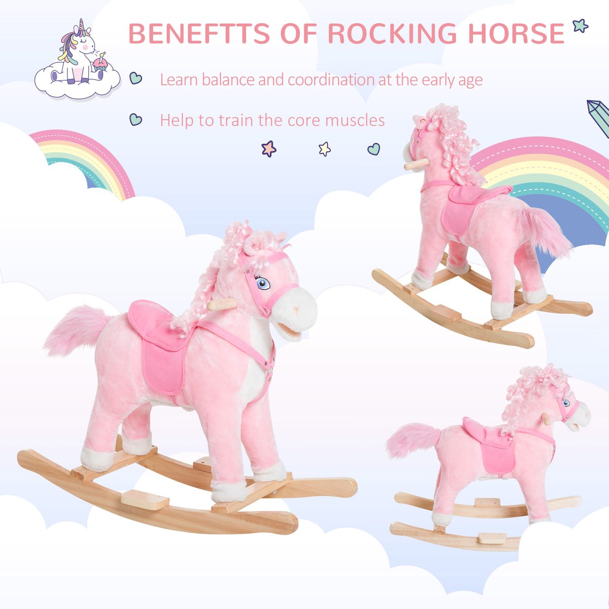 Kids Plush Rocking Horse Child Ride On Toy Rocker with Realistic Sounds Pink