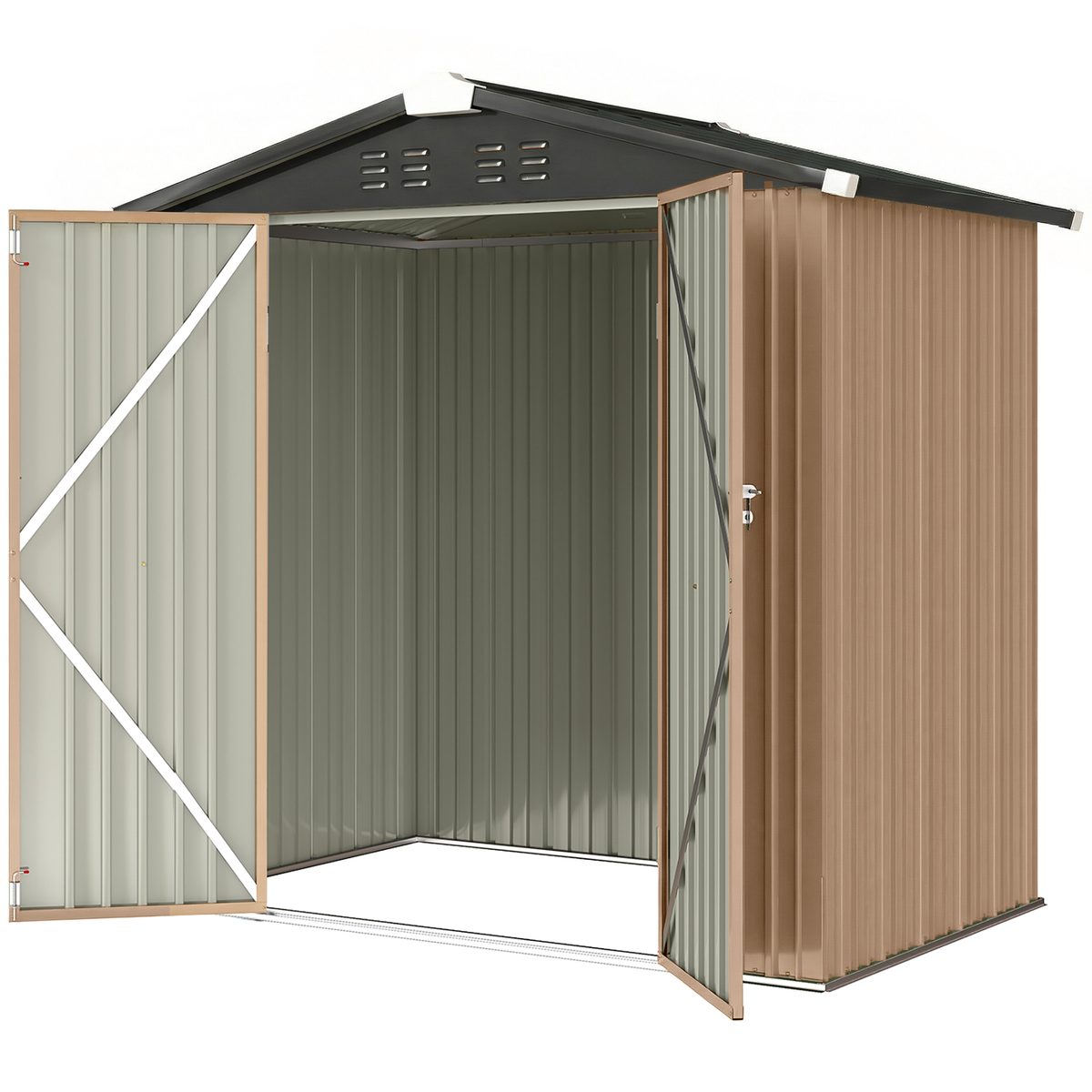 6.5' x 4' Outdoor Storage Shed, Metal Garden Shed with Lockable Double Doors, 4 Vents, Brown