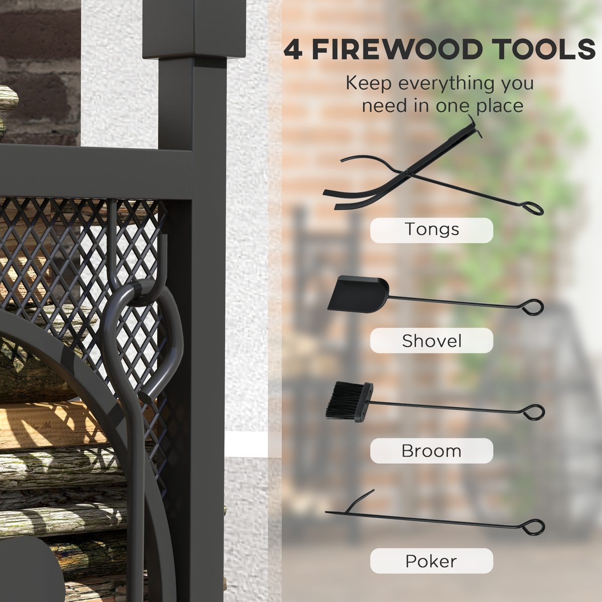2-Tier Firewood Rack with Shovel, Broom, Poker, Tongs, Side Hooks, Log Holder for Fireplace, Outdoor Indoor Wood Storage Stacker, 21.7" x 12.6" x 30.3", Black