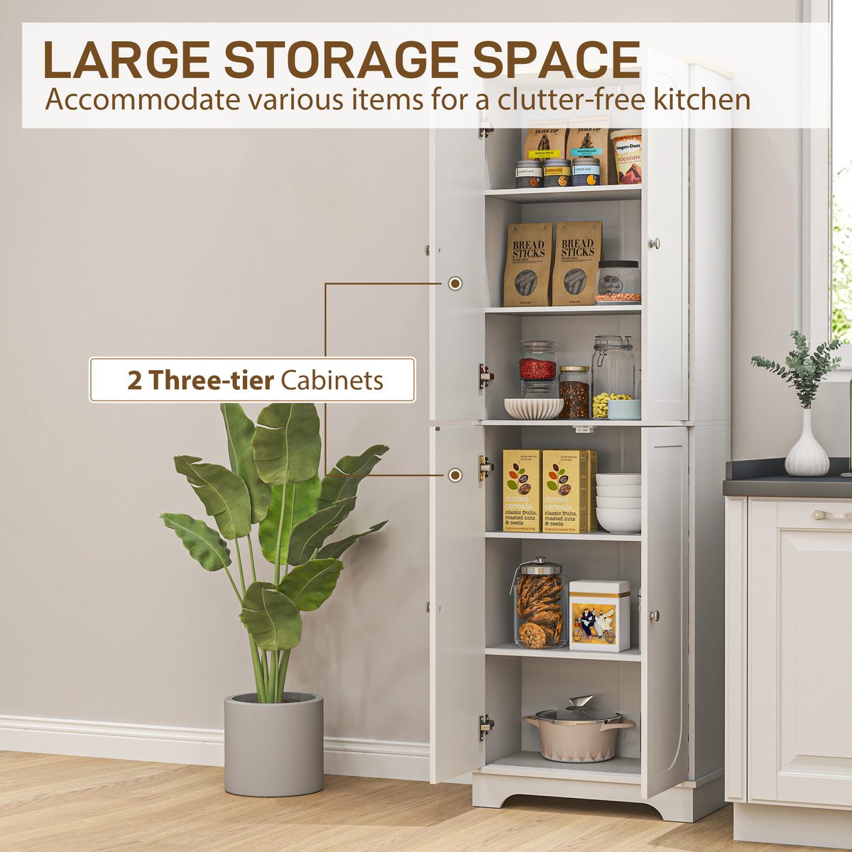 72" Tall Pantry Cabinet, Kitchen Pantry Cabinet with Adjustable Shelves, Storage Cabinet with 4 Doors, White