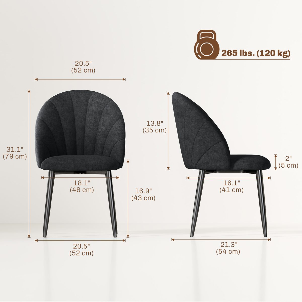 Modern Dining Chairs Set of 4, Upholstered Dining Room Chairs with Metal Legs, Shell Backrest, Padded Seat, Black