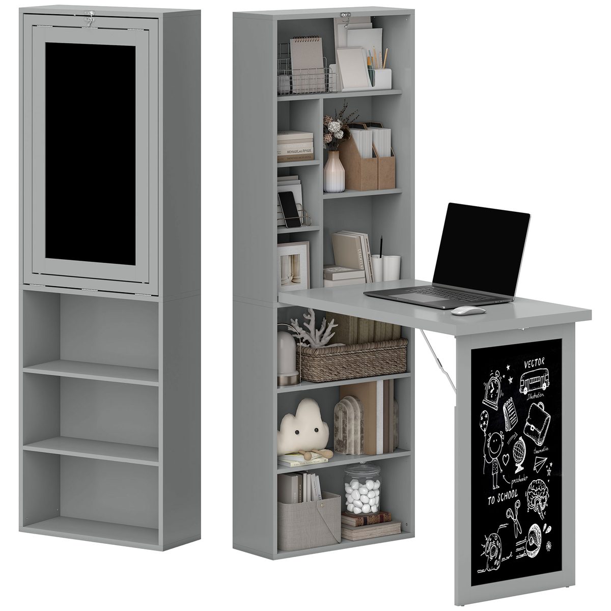 Fold-out Convertible Office Desk, Wall Mount Computer Desk with Blackboard and Side Shelf, Charcoal Grey