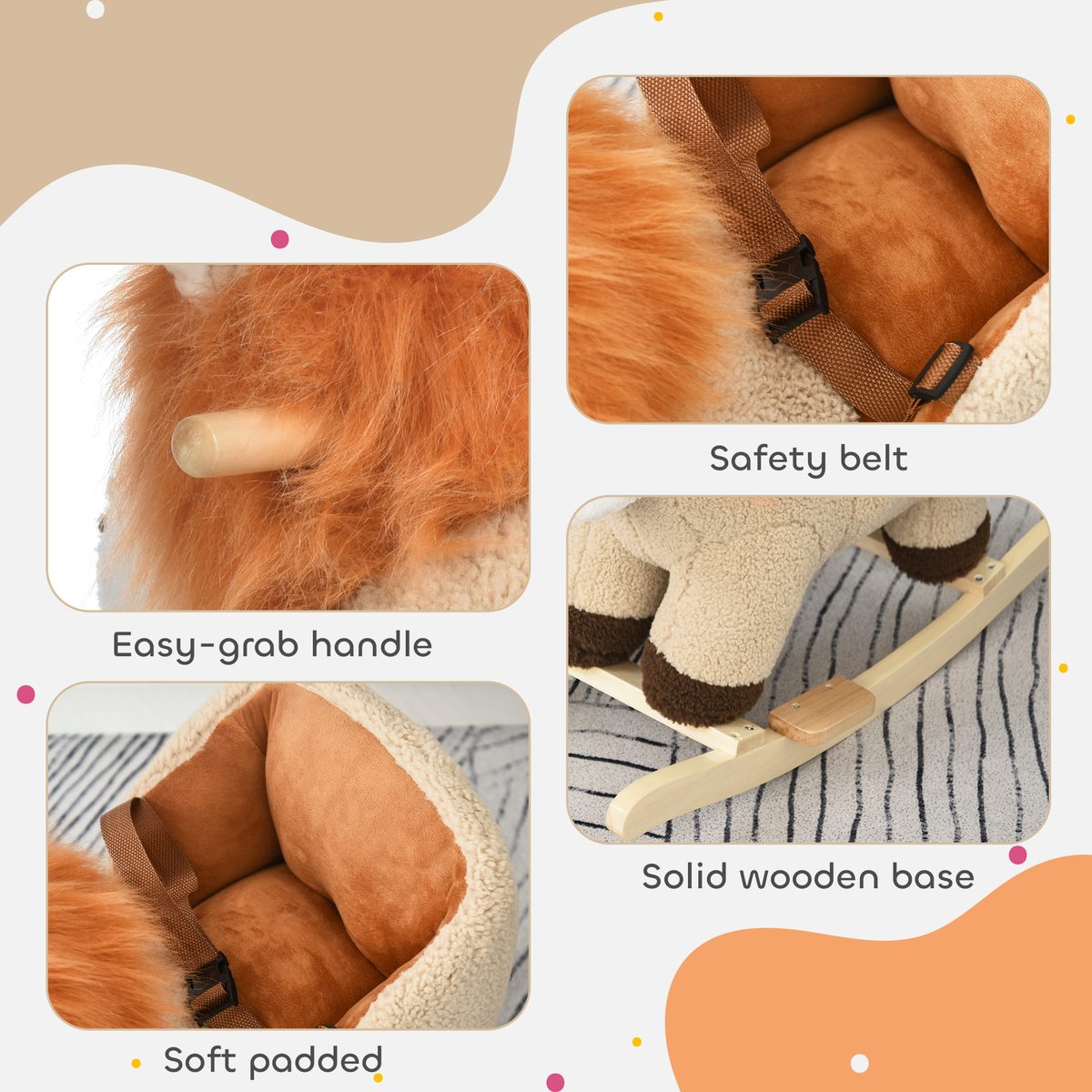 Baby Rocking Horse Lion Design Plush Stuffed Rocking Chair, Wooden Rocking Horse with Sound, Seat Belt for Boys and Girls Gift, Brown
