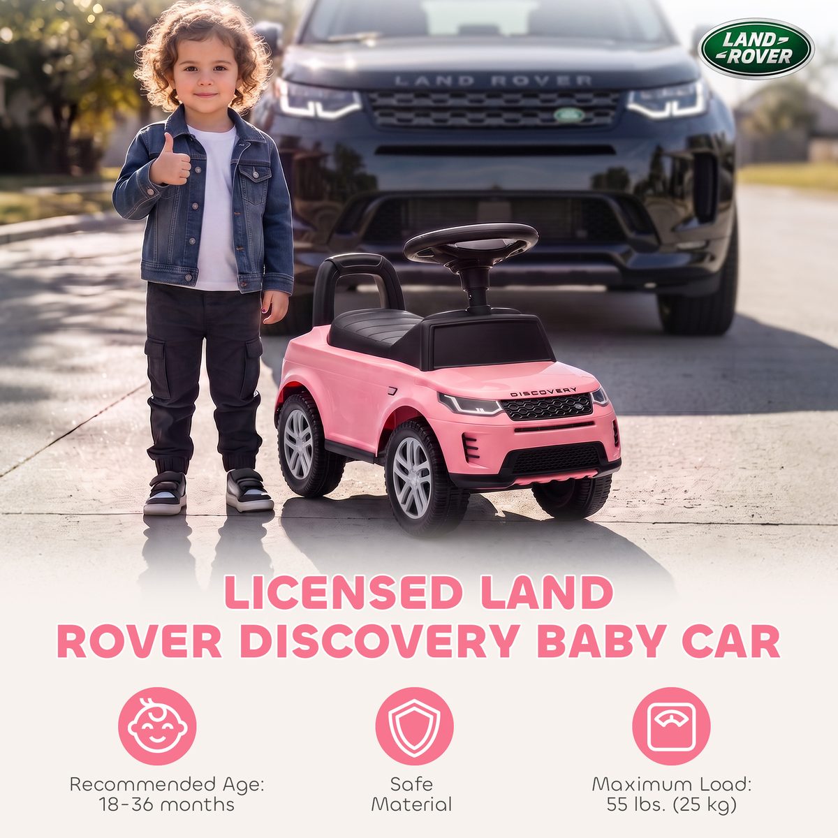 Licensed Land Rover Ride on Push Car with Anti-Tip Device, Under-Seat Storage, Horn, Engine Sounds for 18-36 M, Pink