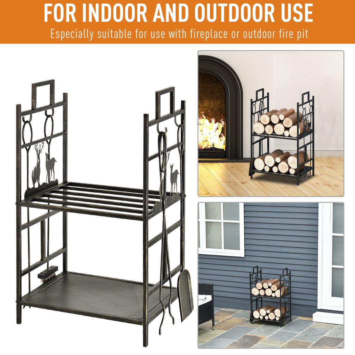 20.25" x 13" x 30.25" 2-Layer Heavy Duty Firewood Rack Wood Log Fireplace Stacker w/ 4 Tools, Black and Gold
