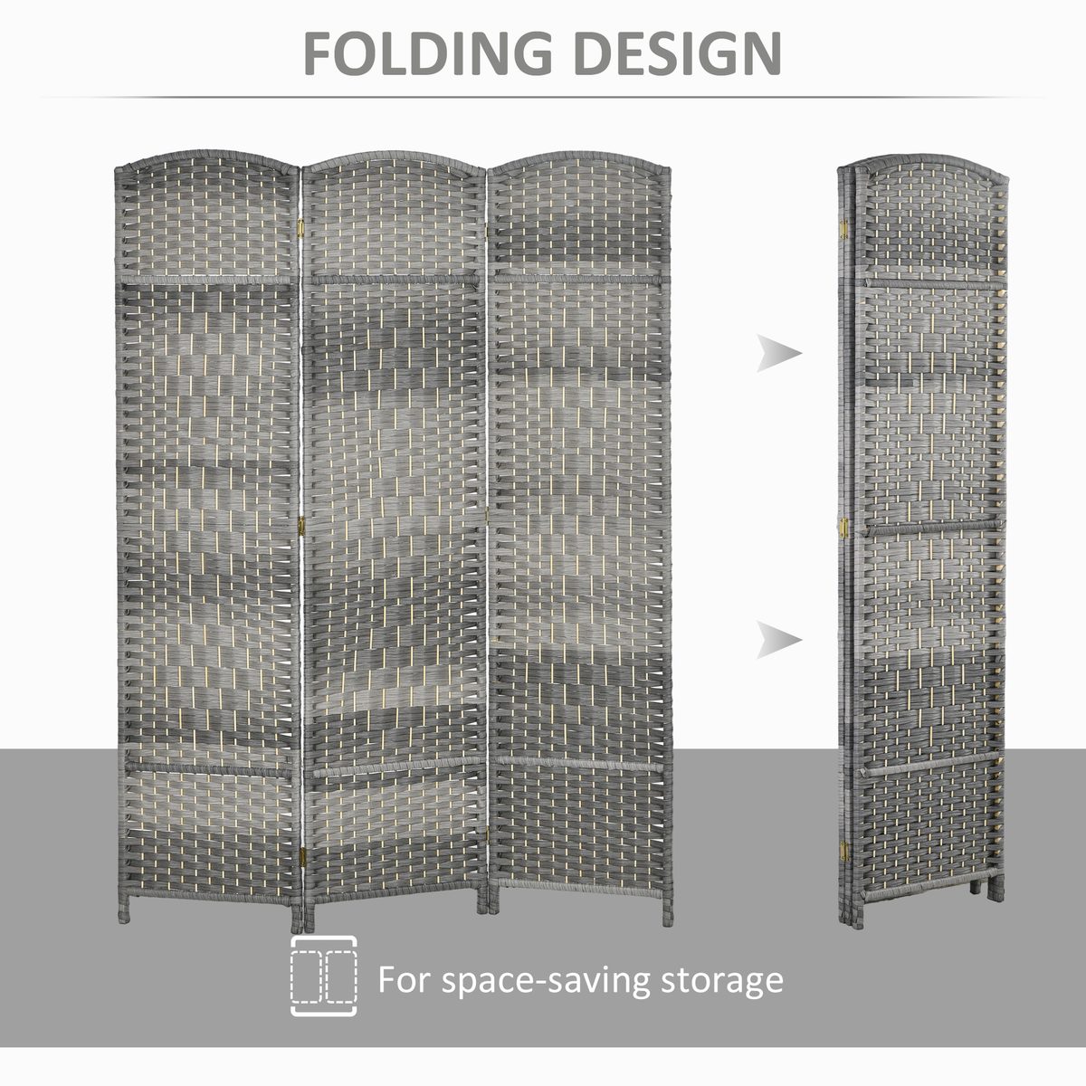 6 Ft Tall Folding Room Divider, 3 Panel Portable Privacy Screen, Hand-Woven Partition Wall Divider, Mixed Grey