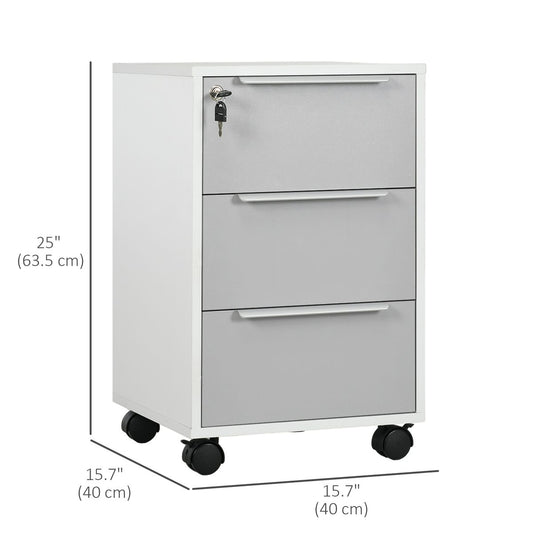 3 Drawer File Cabinet with Wheels, Vertical Filing Cabinet with Lock, Grey