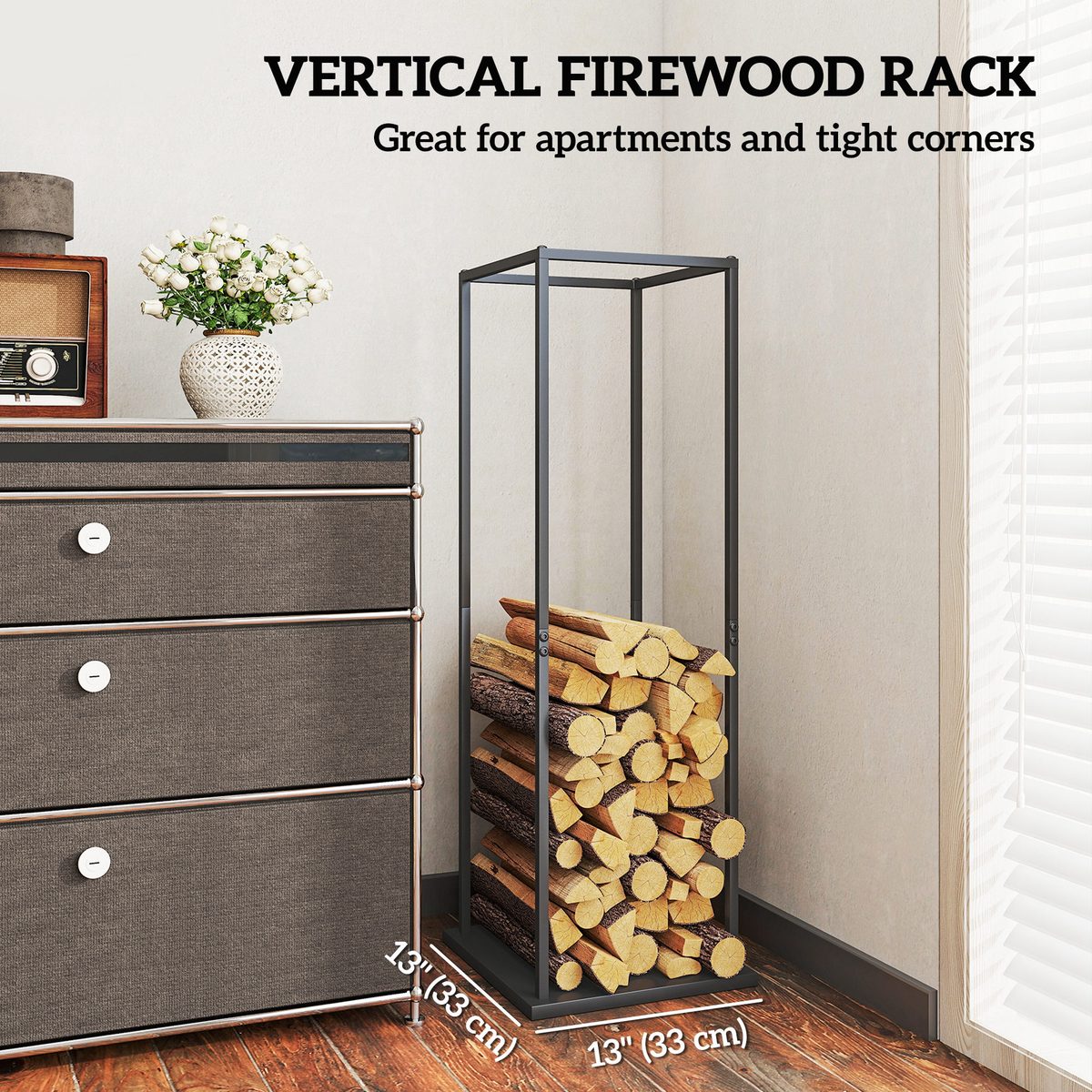Firewood Rack Outdoor, Heavy Duty Log Holder, Vertical Fireplace Storage Rack, 220 lbs Capacity, 13" x 13" x 43", Black
