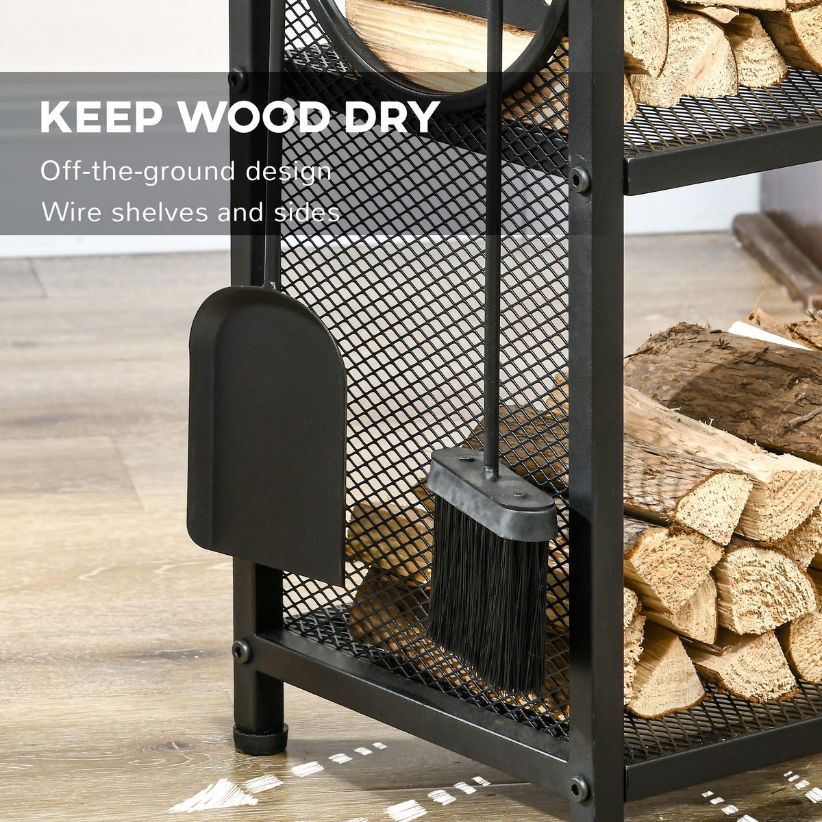 2-Tier Firewood Rack with Shovel, Broom, Poker, Tongs, Side Hooks, Log Holder for Fireplace, Outdoor Indoor Wood Storage Stacker, 21.7" x 12.6" x 30.3", Black
