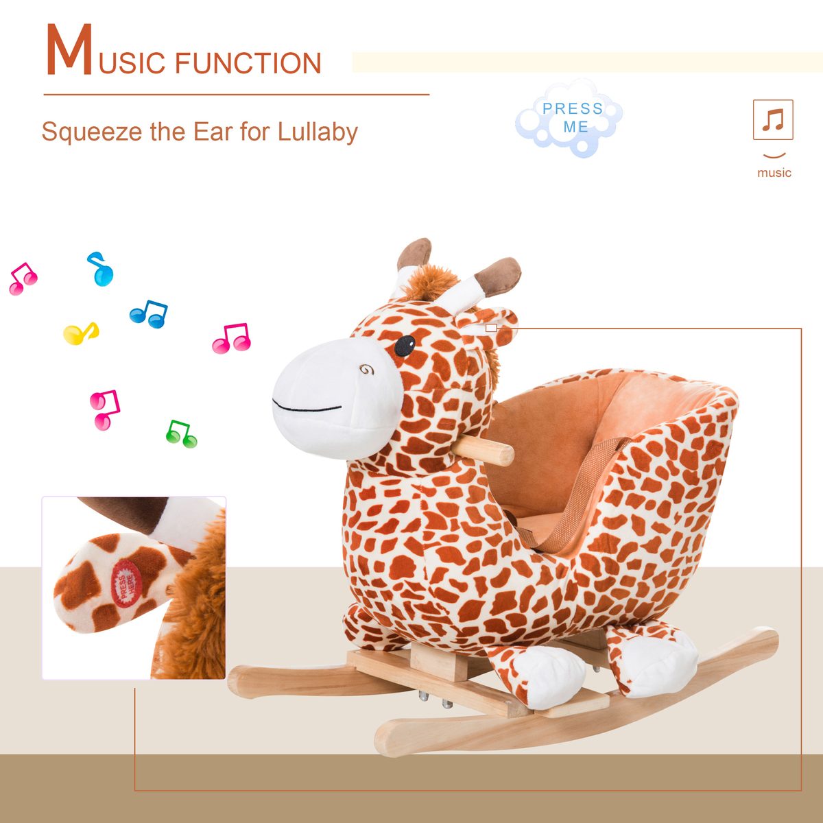 Wooden Plush Children Kids Rocking Horse Chair for Toddlers with Sound and Safety Belt, Giraffe Theme