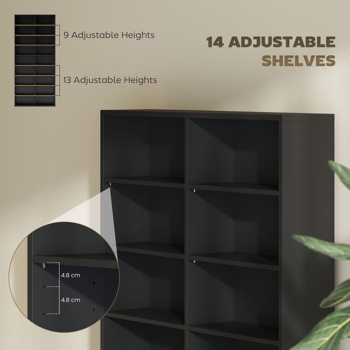 9-Tier DVD Shelf with 18 Compartments and 14 Adjustable Shelves, Holds 640 CDs, 360 DVDs or 430 Blu-rays, Black