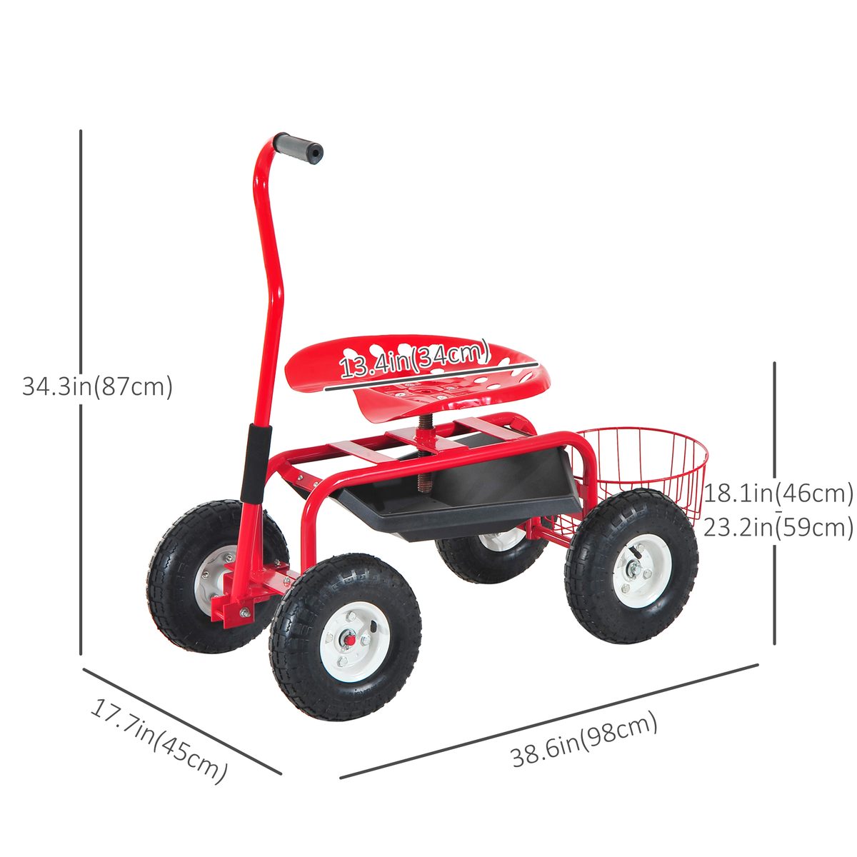 Garden Scooter, Rolling Cart with Swivel and Adjustable Seat, Tool Tray, Bucket Basket, Red and Black