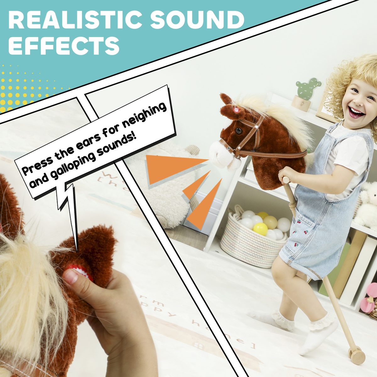 Unicorn Stick Horse, Plush Hobby Horse with Wood Wheels, Real Pony Neighing and Galloping Sounds, for Kids, Brown