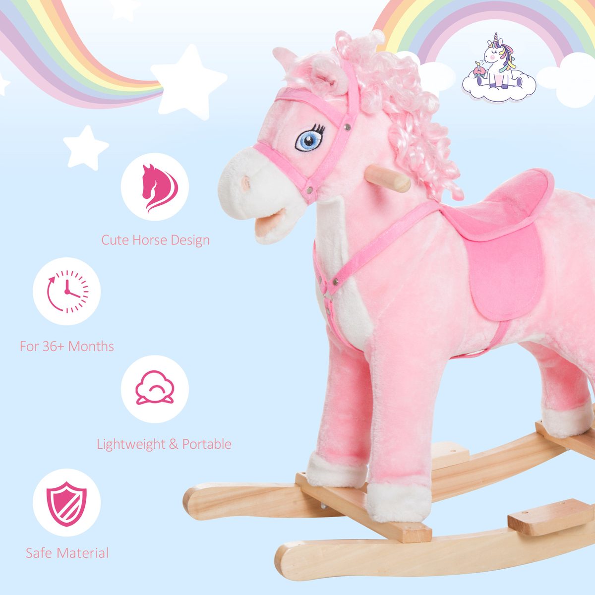 Kids Plush Rocking Horse Child Ride On Toy Rocker with Realistic Sounds Pink