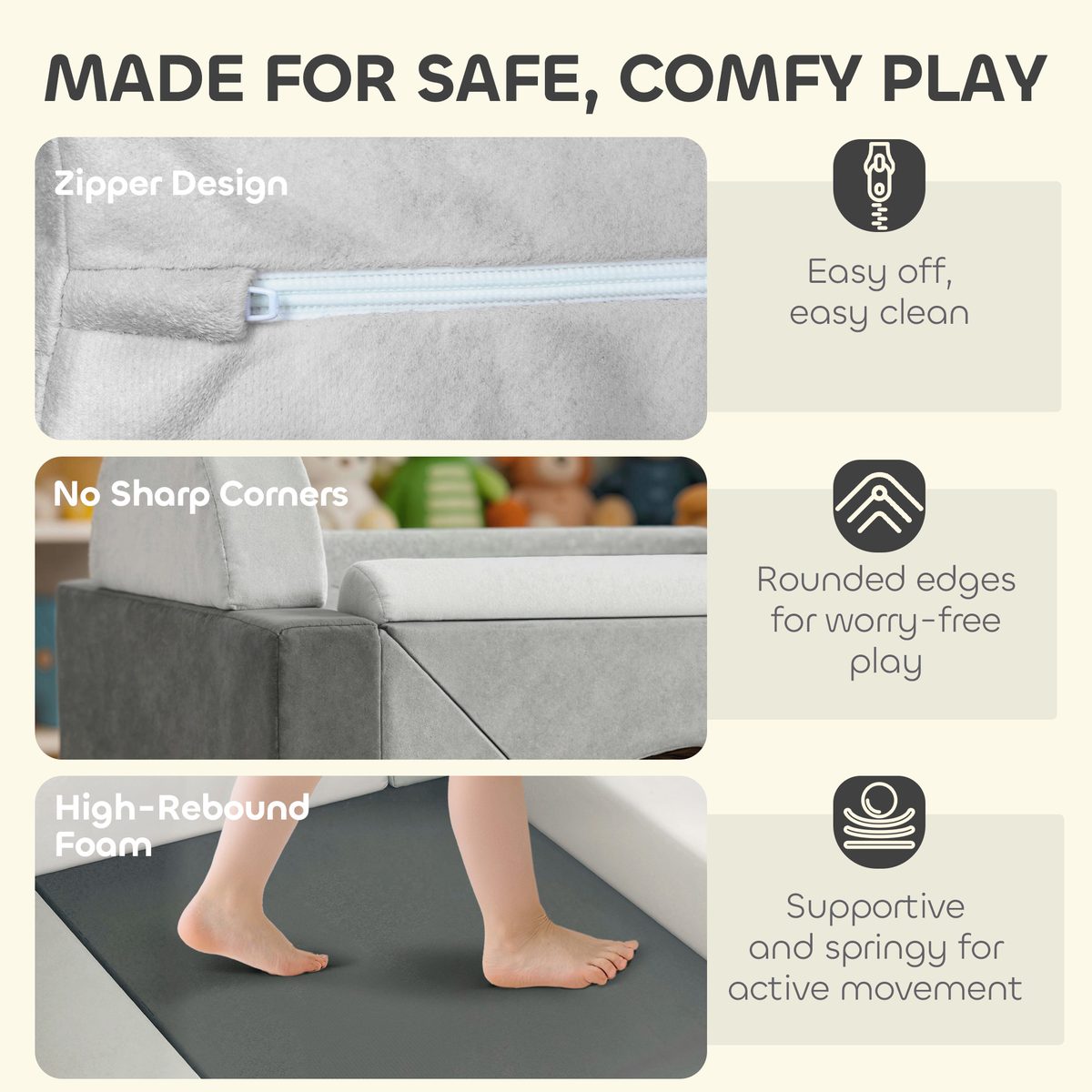 12 PCS Modular Kids Play Couch, Child Sectional Sofa for Toddlers, Convertible Foam and Floor Cushion, Grey