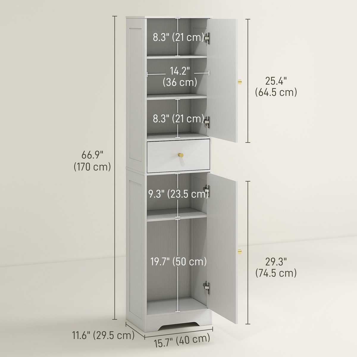 67" Tall Bathroom Cabinet, Slim Bathroom Storage Cabinet with 2 Doors, Drawer and Adjustable Shelf, White Wood Grain