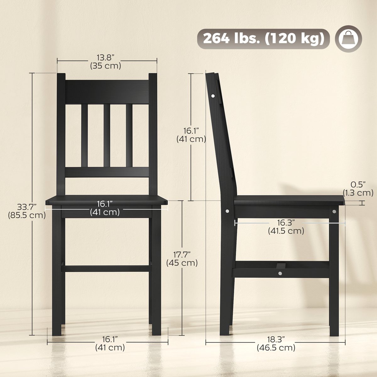 Dining Chairs Set of 2, Kitchen Chair with Slat Back, Pine Wood Structure for Living Room and Dining Room, Black