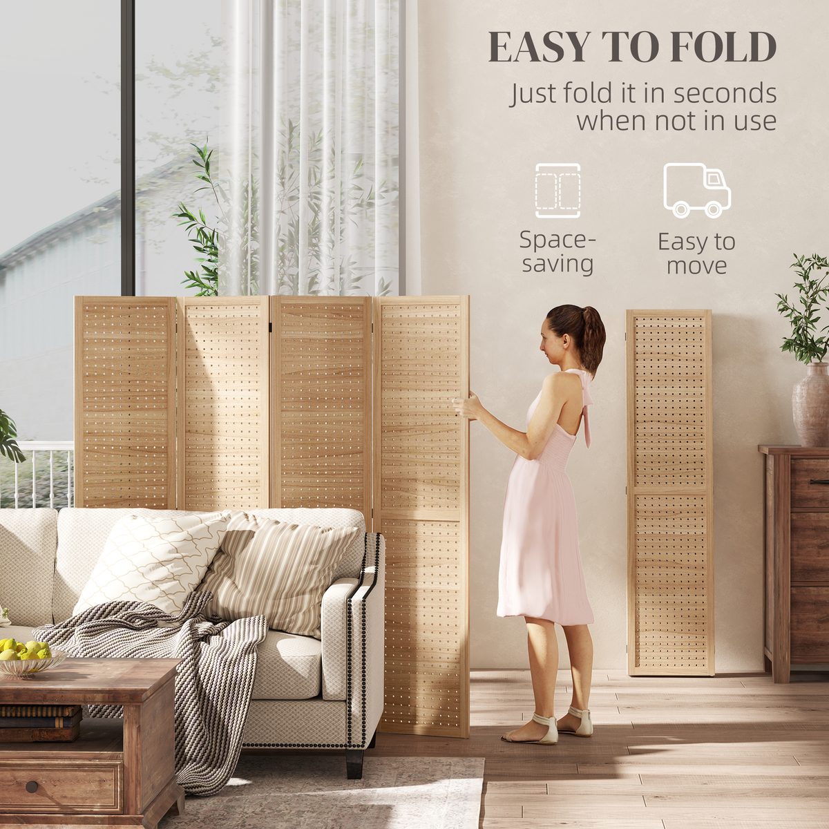 5.6 Ft. Tall 4-Panel Room Divider, Pegboard Panel Freestanding Folding Privacy Screen Panels, Partition Wall Divider for Indoor Bedroom Office, Natural