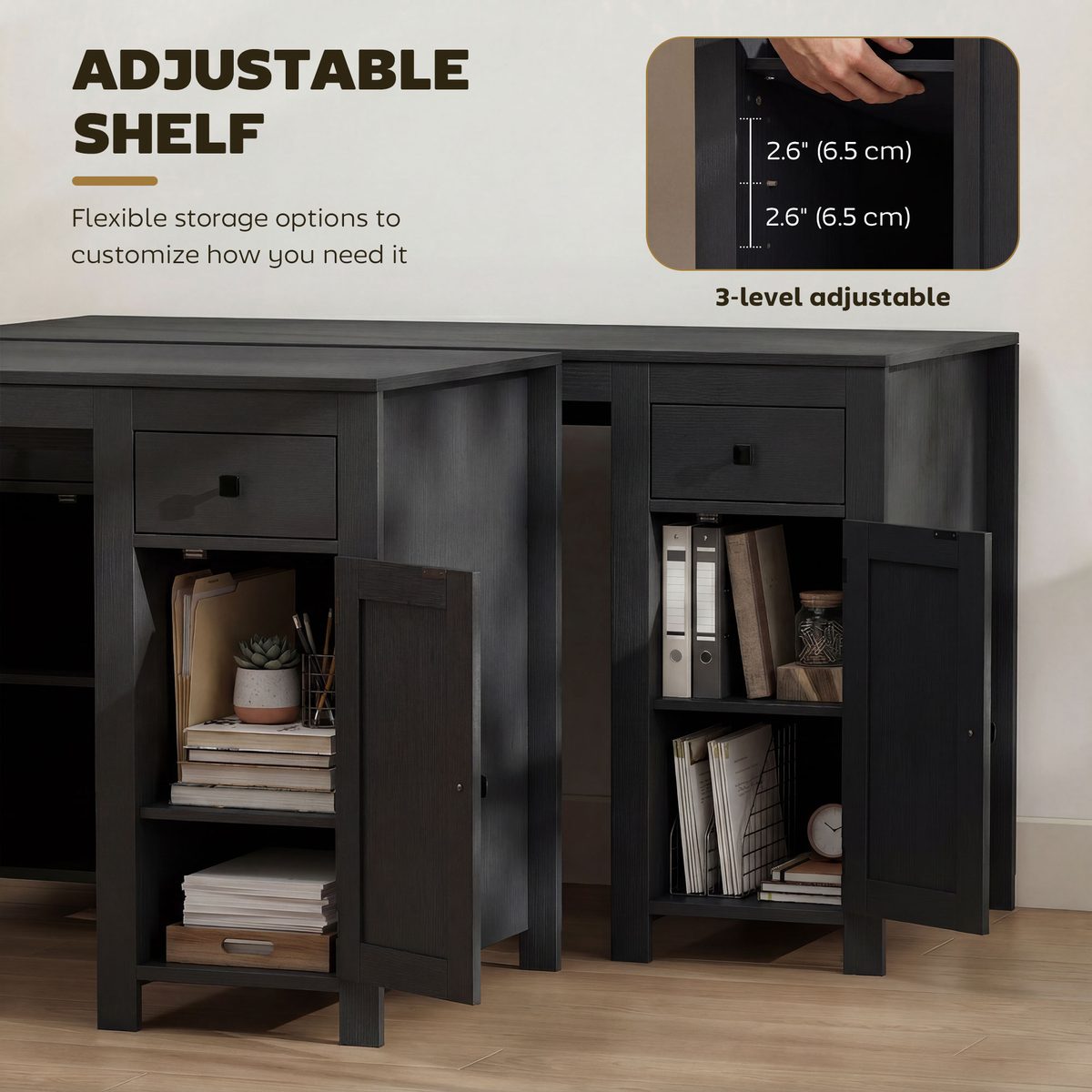 53" Farmhouse Executive Desk, Computer Desk with Drawers and 2 Cabinets, Study Table for Home Office, Black Wood Grain