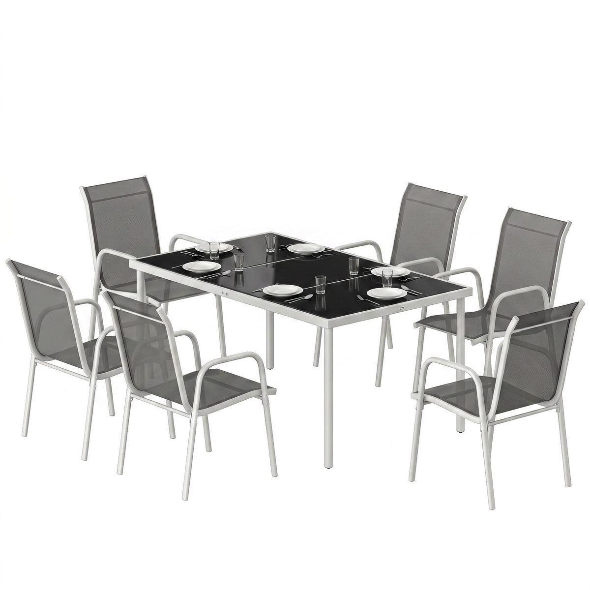 7 Piece Garden Dining Set, Garden Furniture Set with Rectangle Table and 6 Stackable Chairs