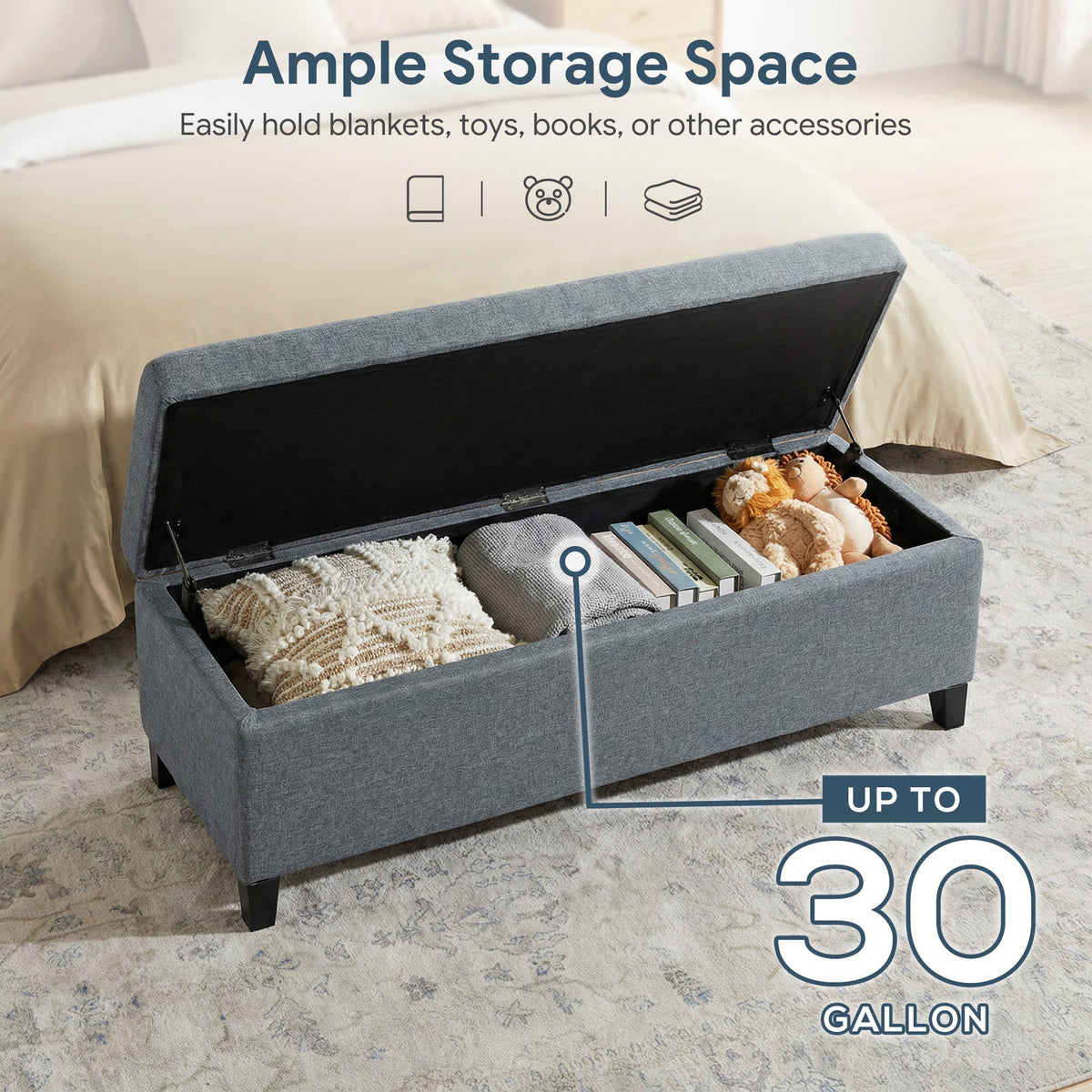 Rectangular Entry Bench, Tufted Upholstered Linen Fabric Wood Feet Storage Ottoman Bench, Beige