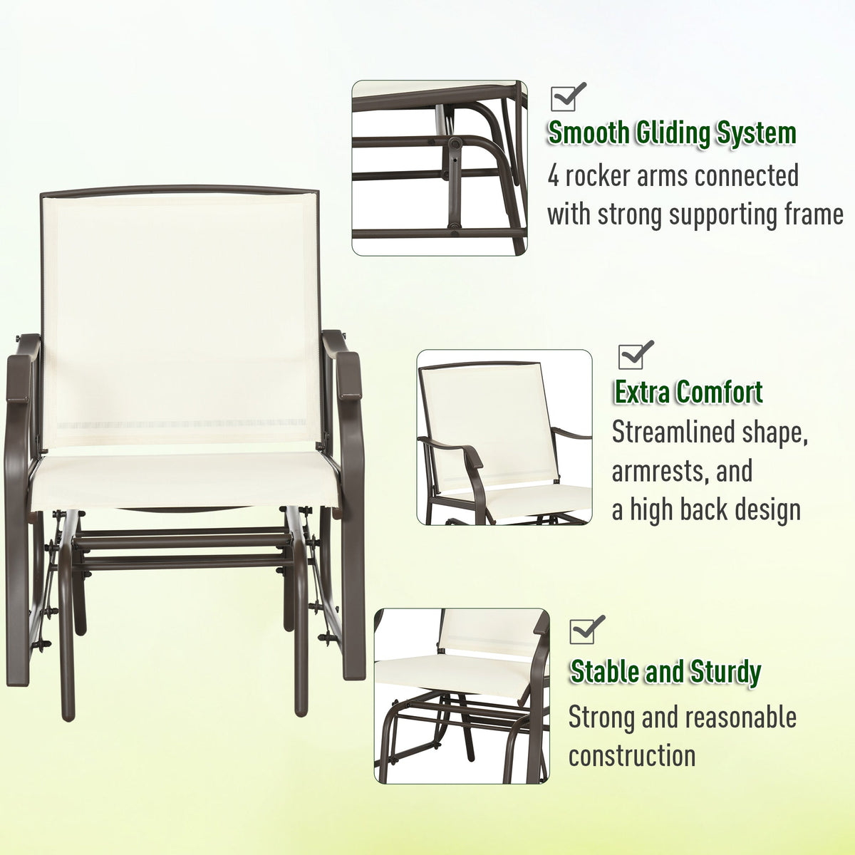 3 Piece Patio Glider Set Outdoor Gliders with Breathable Mesh Seat, Glass Top Table for Garden, Yard, Grey