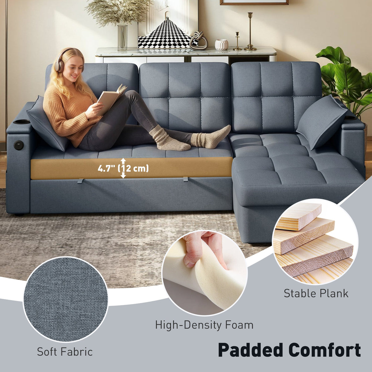 Convertible Sectional Sofa Bed, Pull Out Sleeper Sofa Couch with USB‑A+C, Chaise Storage, L-Shaped Futon Couch, Beige