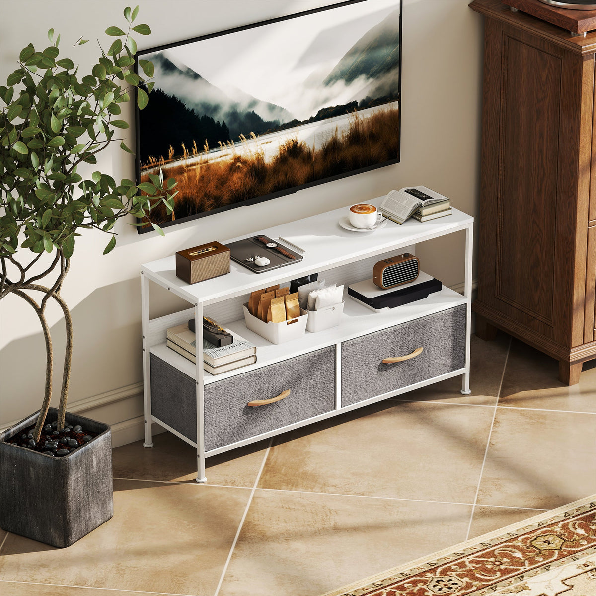 TV Stand with Charging Station, TV Table with 2 Foldable Linen Drawers and Open Shelf for 47 Inch Television, Black