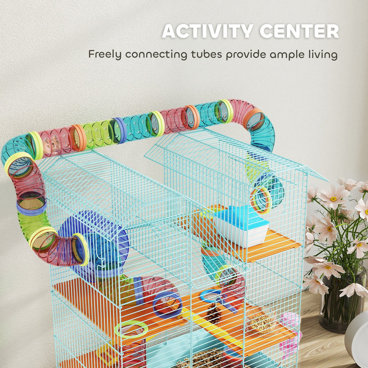 18.5" Hamster Cage, 5 Tiers Small Animal House with Tunnel Tube System, Exercise Wheel, Water Bottle, Blue