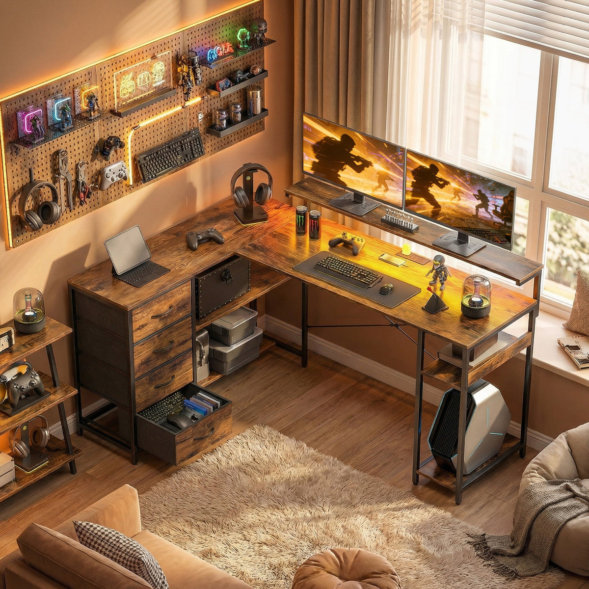 Gaming Desk with Power Outlets LED Lights Computer Desk with Drawers Monitor Stand 61" Black