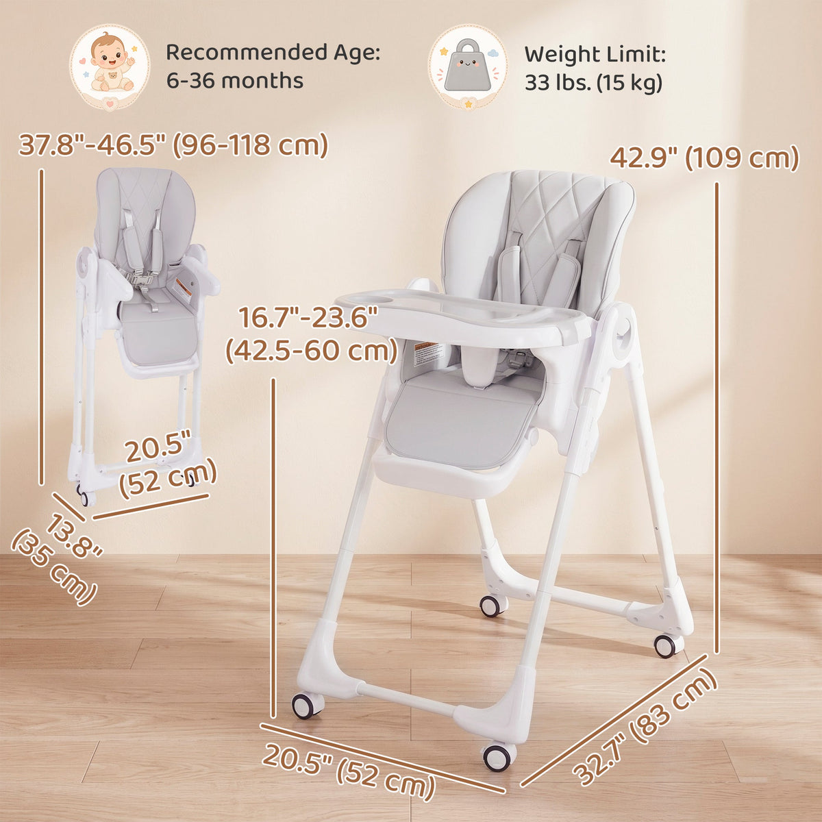 High Chair with Wheels, Double Tray, Foldable Baby Seat with Adjustable Seat Height, Backrest, Footrest and Tray, Grey