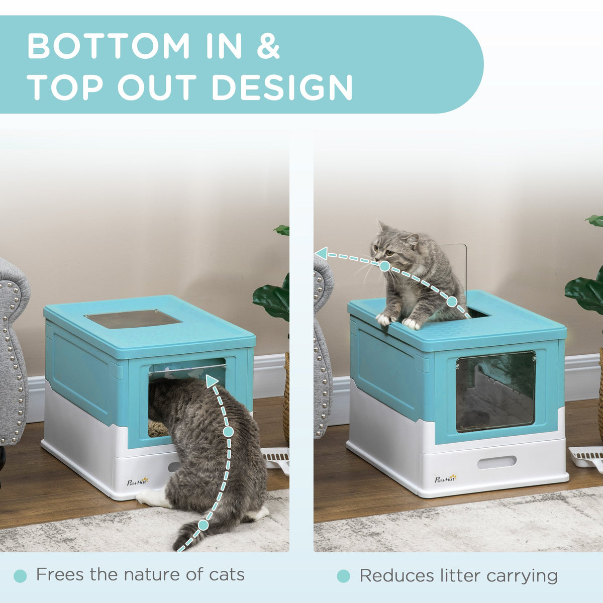 Top Entry Enclosed Kitty Litter Box with Scoop, Tray, Front Entry, Large Space, Foldable, Portable, Grey