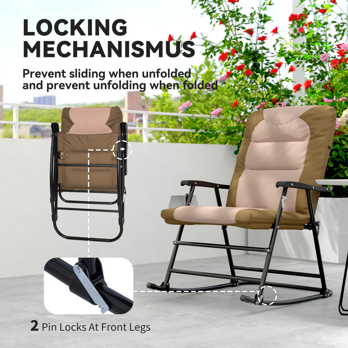 Folding Rocking Chair Set of 2 Padded Rockers with Armrest, Navy Blue