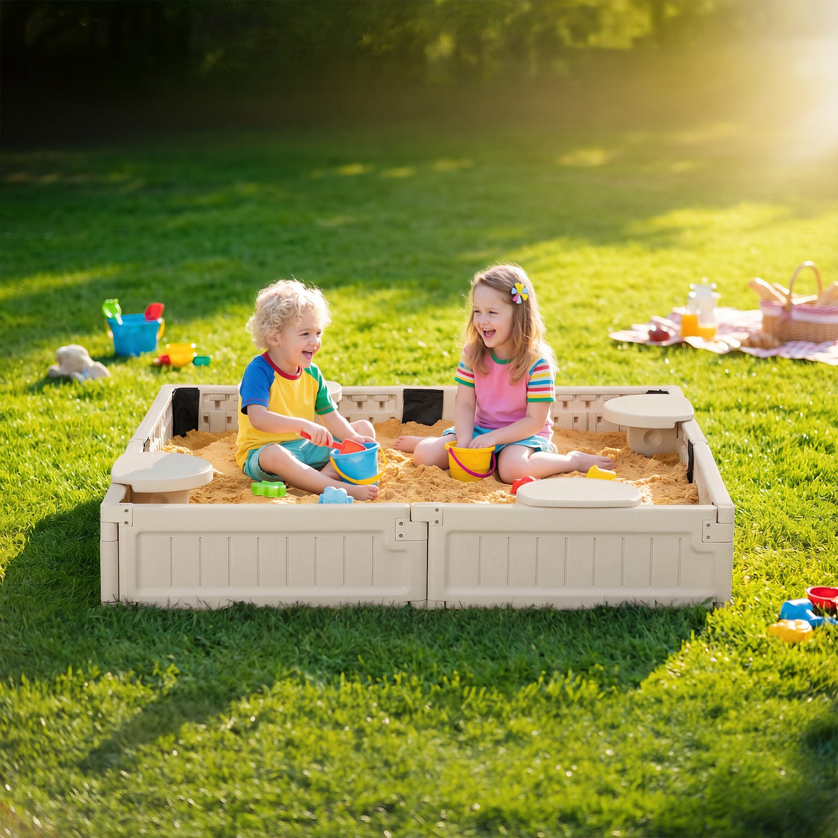 Kids Outdoor Sandbox with Canopy, Bottom Fabric Liner, Brown