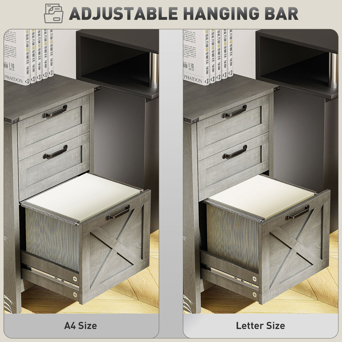 Vertical Filing Cabinet with 3 Drawers, Rustic Farmhouse Office Storage Cabinet for A4, Letter Size, Grey Wash