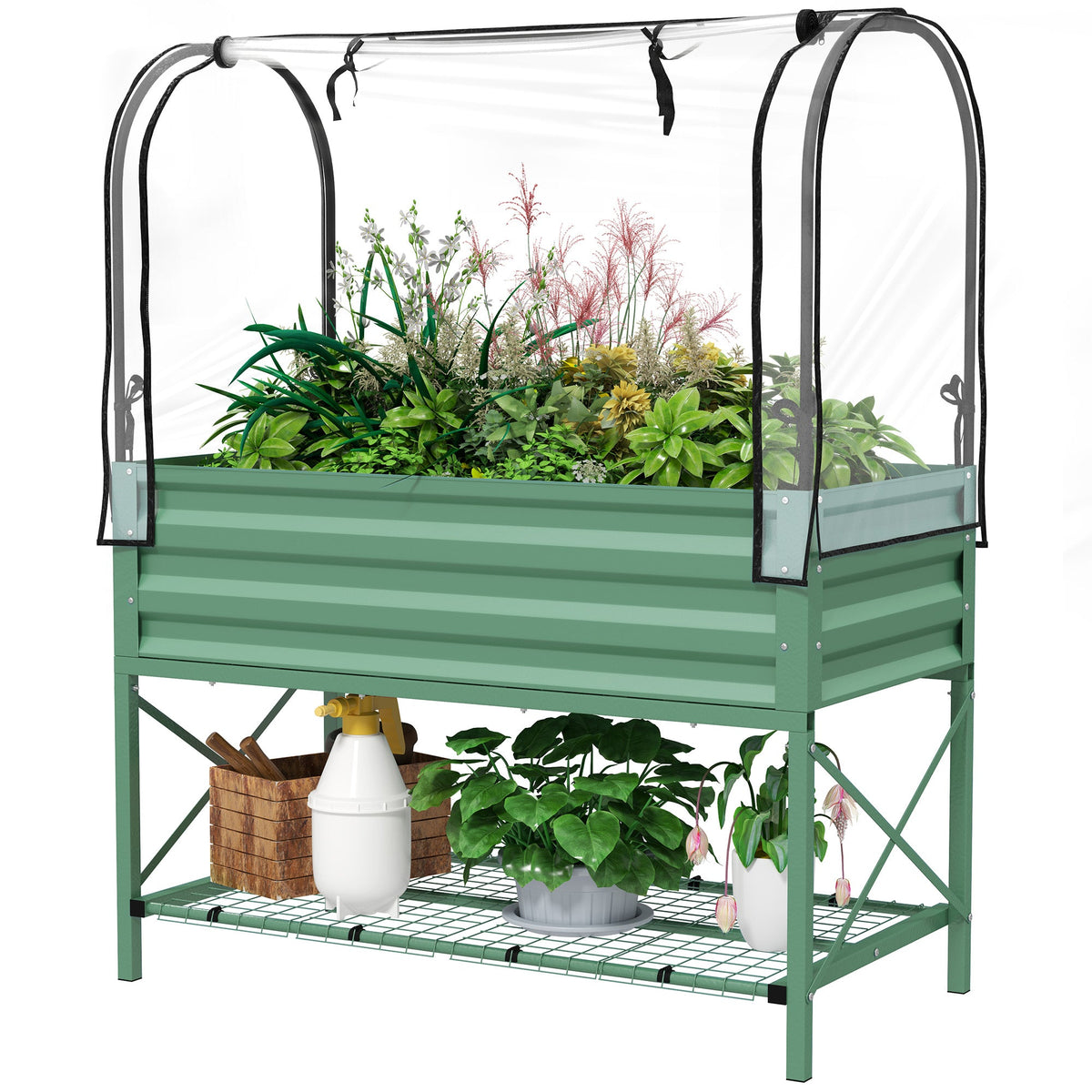 Raised Garden Bed with Cover, Metal Elevated Planter Box with Bottom Shelf and Liner, Black