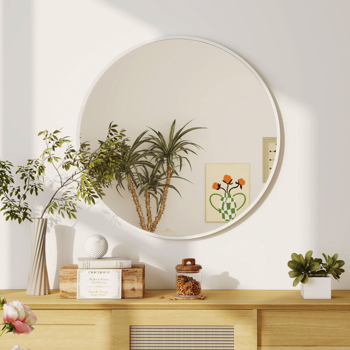 36" Round Mirror, Bathroom Wall Mirror with Metal Frame, Decorative Vanity Mirror for Living Room, Bedroom, Black
