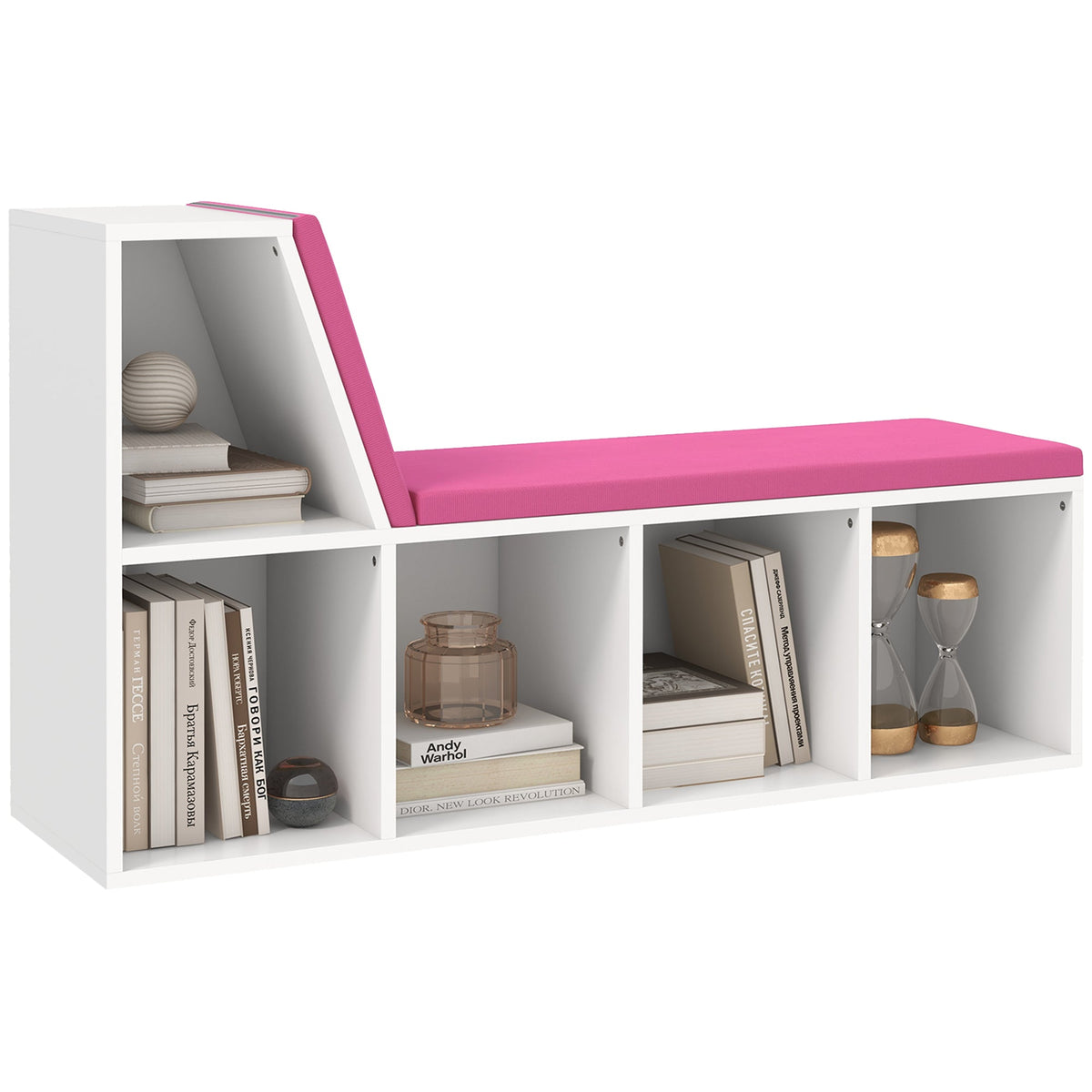 Multi-Purpose Bookshelf with 5 Cubes, 5-Cubby Bookcase with Cushioned Reading Nook and Storage Shelves, Blue